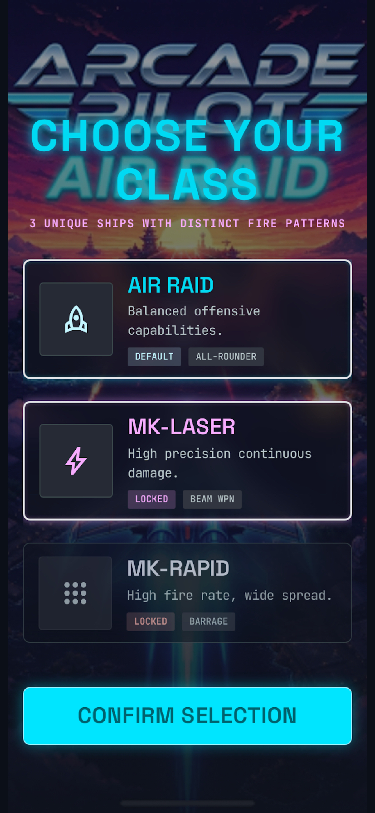 Arcade Pilot fighter class selection screenshot
