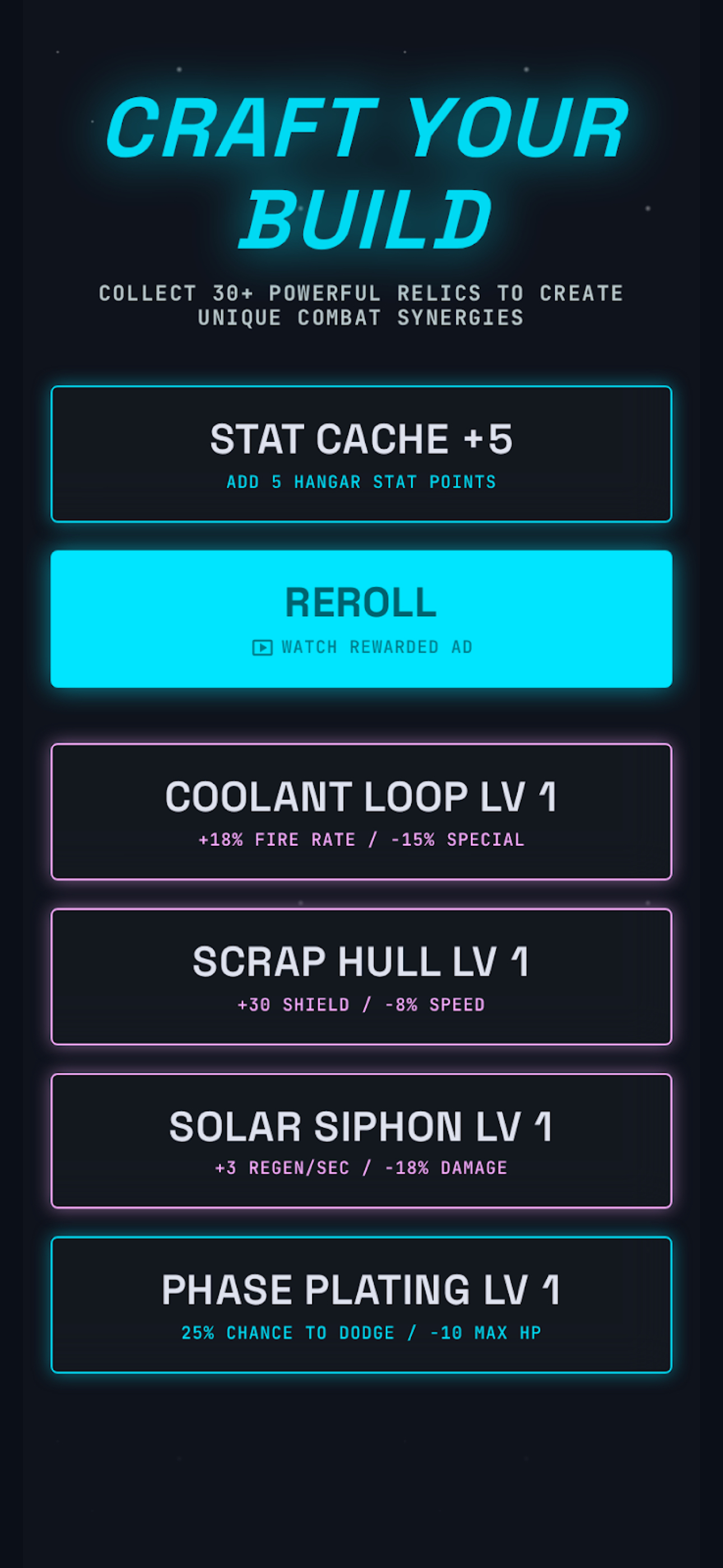 Arcade Pilot relic build choices screenshot